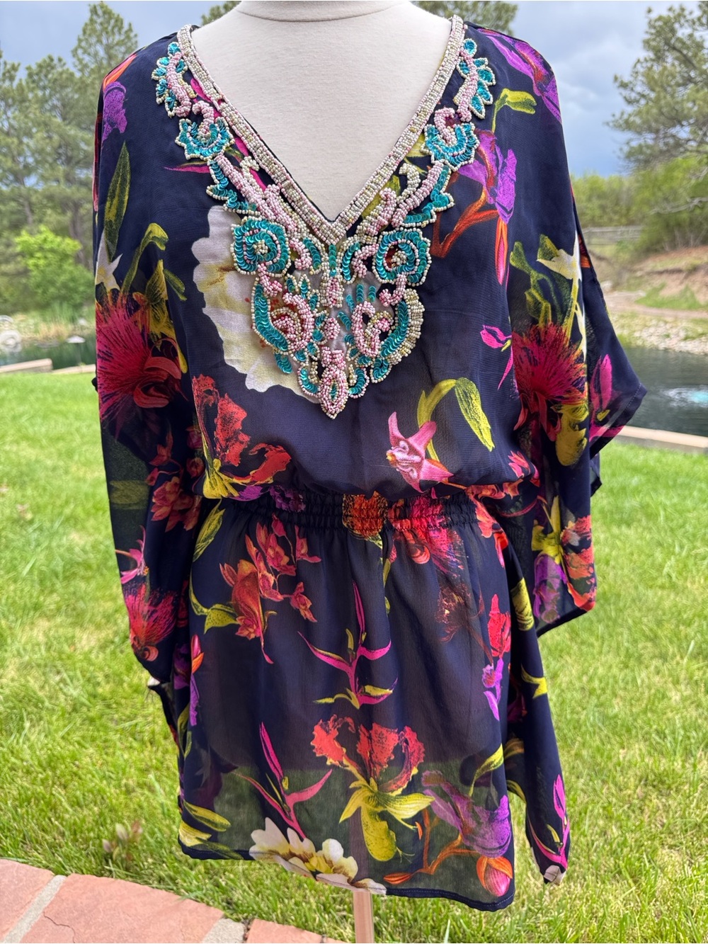 Beaded Floral V-Neck Tunic Navy with Floral Pattern- Swim Cover